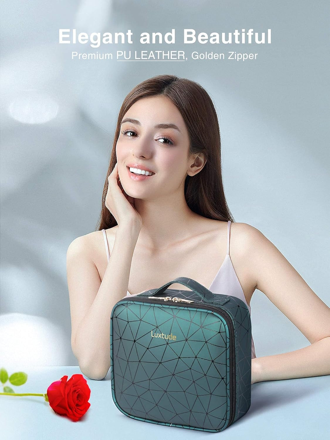 Leather Travel Makeup Train Case, Waterproof Makeup Bag Cosmetic Case Organizer, Large Cosmetic Makeup Case with Adjustable Dividers for Women Cosmetics Brushes Toiletry Jewelry Etc. (Green)