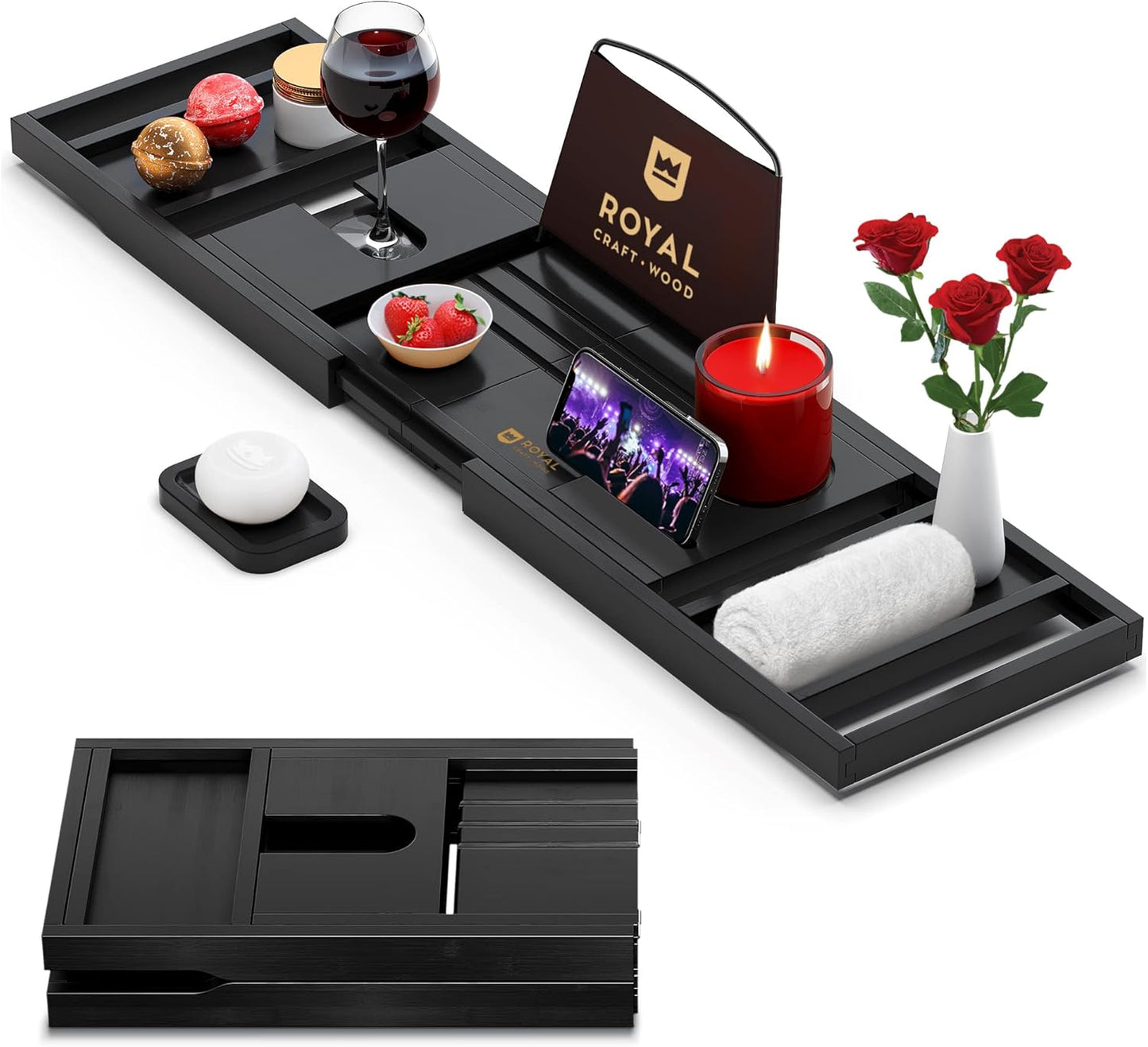 Premium Foldable Bathtub Tray - Wood Bath Tray for Tub, Bamboo Shelf, Expandable Bath Table Trays, Bathtub & Bathroom Accessories for New Home & Mothers Day & Birthday Gifts for Mom