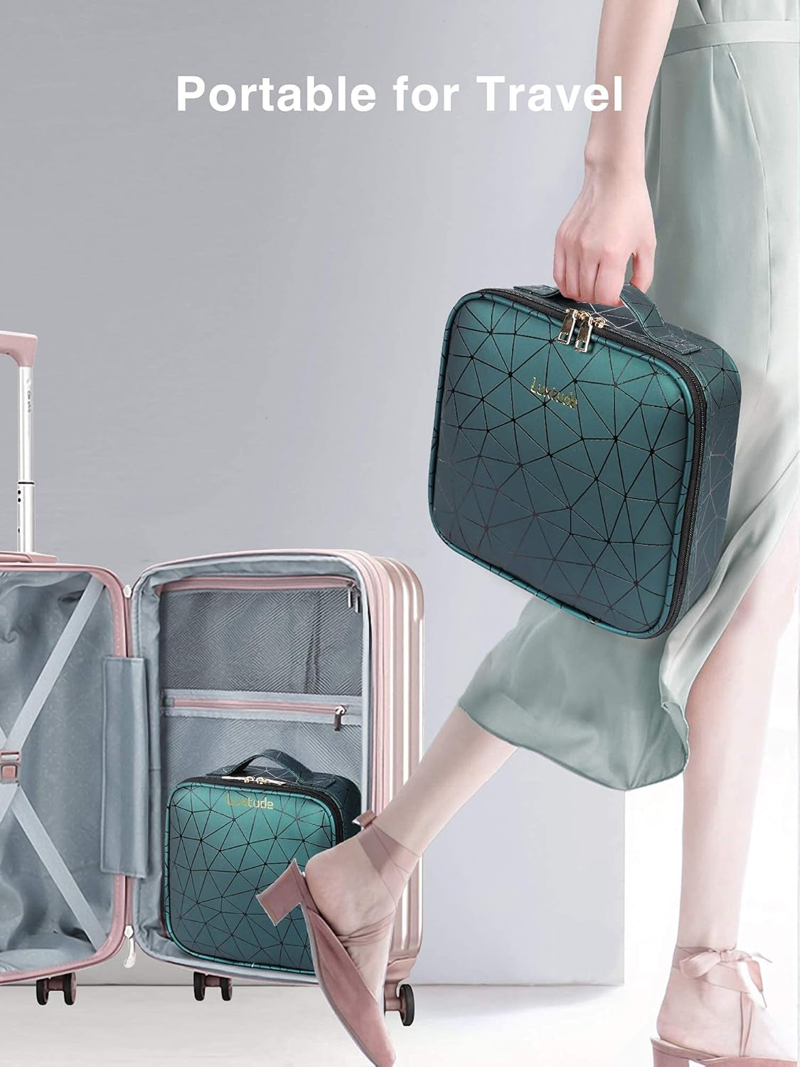 Leather Travel Makeup Train Case, Waterproof Makeup Bag Cosmetic Case Organizer, Large Cosmetic Makeup Case with Adjustable Dividers for Women Cosmetics Brushes Toiletry Jewelry Etc. (Green)