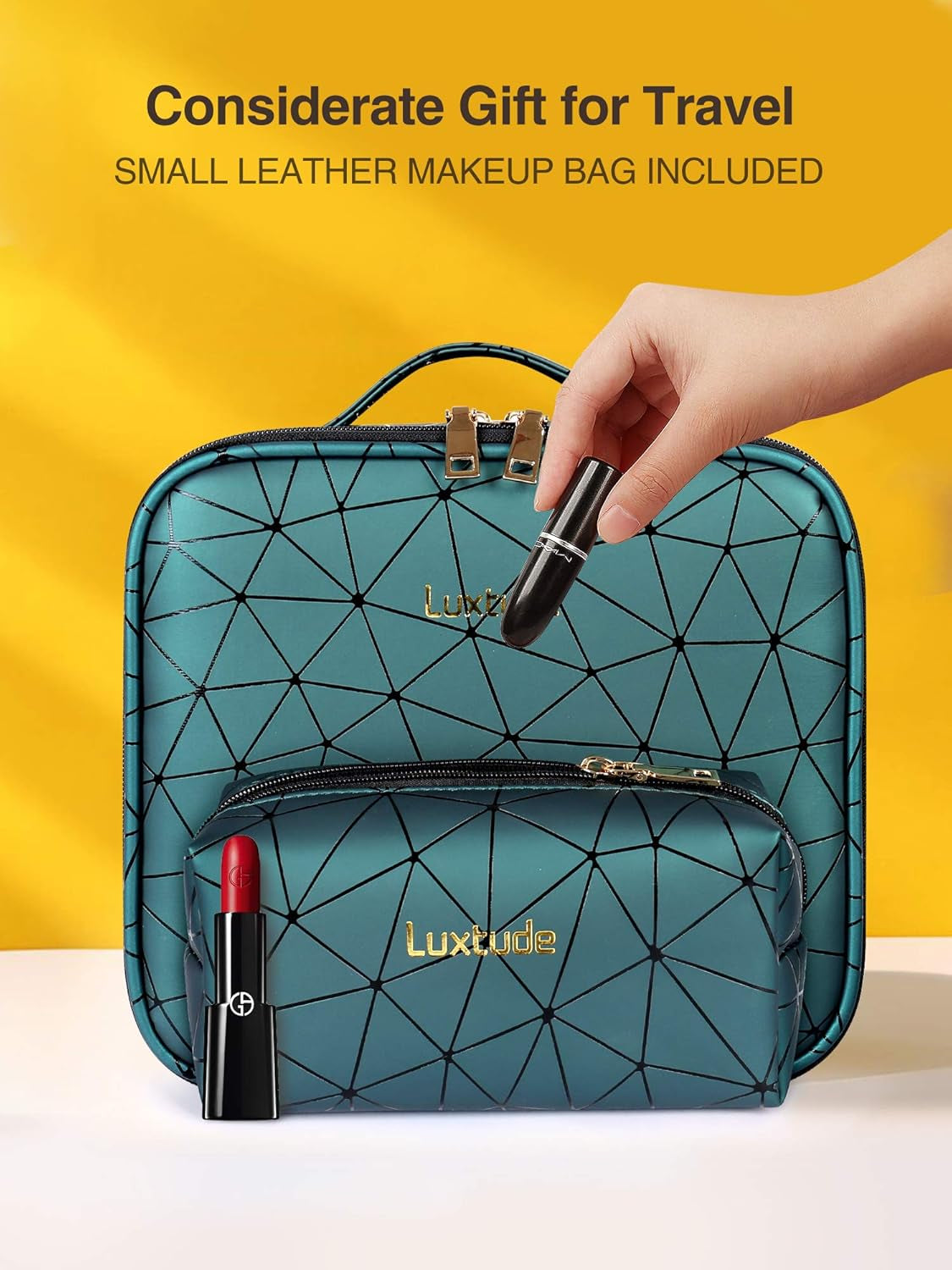 Leather Travel Makeup Train Case, Waterproof Makeup Bag Cosmetic Case Organizer, Large Cosmetic Makeup Case with Adjustable Dividers for Women Cosmetics Brushes Toiletry Jewelry Etc. (Green)