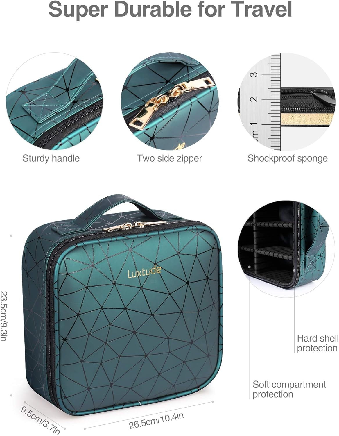 Leather Travel Makeup Train Case, Waterproof Makeup Bag Cosmetic Case Organizer, Large Cosmetic Makeup Case with Adjustable Dividers for Women Cosmetics Brushes Toiletry Jewelry Etc. (Green)