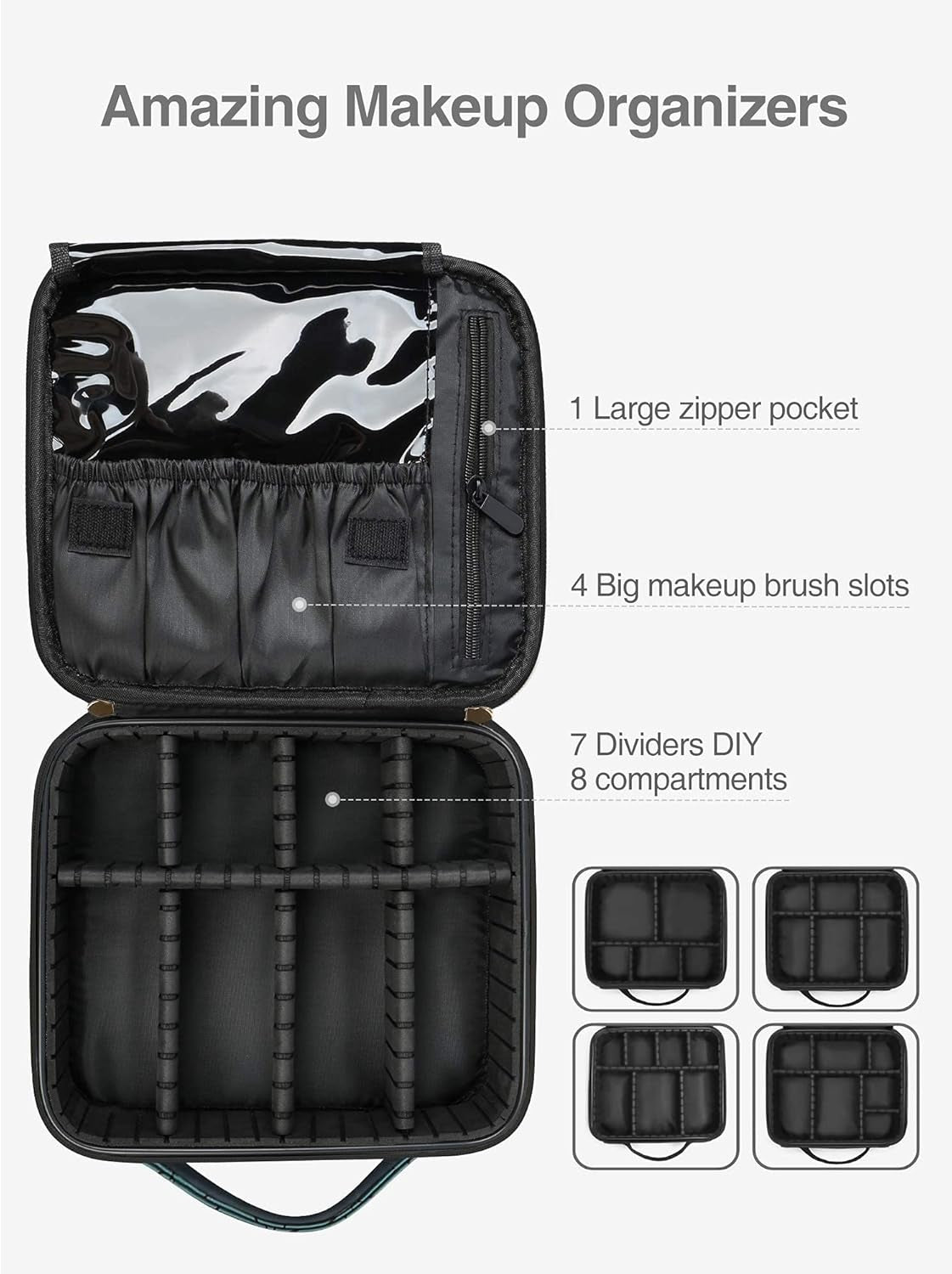 Leather Travel Makeup Train Case, Waterproof Makeup Bag Cosmetic Case Organizer, Large Cosmetic Makeup Case with Adjustable Dividers for Women Cosmetics Brushes Toiletry Jewelry Etc. (Green)