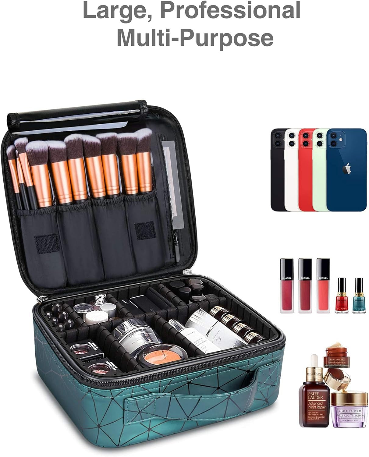Leather Travel Makeup Train Case, Waterproof Makeup Bag Cosmetic Case Organizer, Large Cosmetic Makeup Case with Adjustable Dividers for Women Cosmetics Brushes Toiletry Jewelry Etc. (Green)