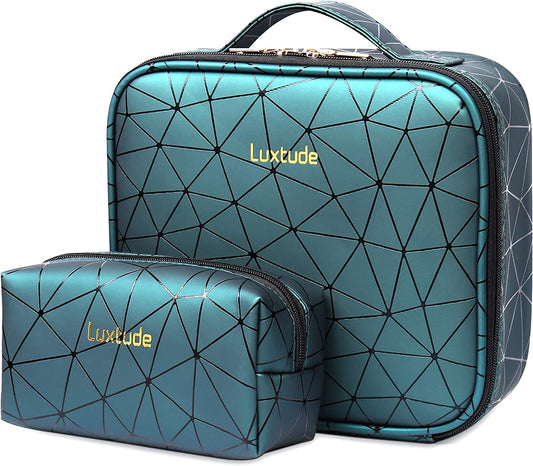 Leather Travel Makeup Train Case, Waterproof Makeup Bag Cosmetic Case Organizer, Large Cosmetic Makeup Case with Adjustable Dividers for Women Cosmetics Brushes Toiletry Jewelry Etc. (Green)