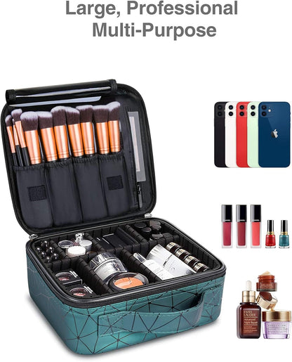 Leather Travel Makeup Train Case, Waterproof Makeup Bag Cosmetic Case Organizer, Large Cosmetic Makeup Case with Adjustable Dividers for Women Cosmetics Brushes Toiletry Jewelry Etc. (Green)